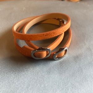 Bracelet, tan/ orange leather with silver buckles